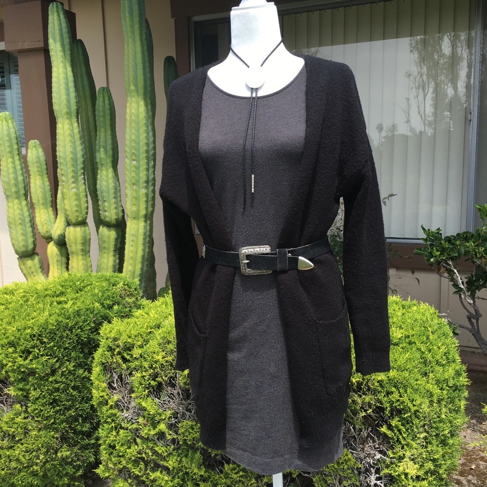 Cardigan and grey dress